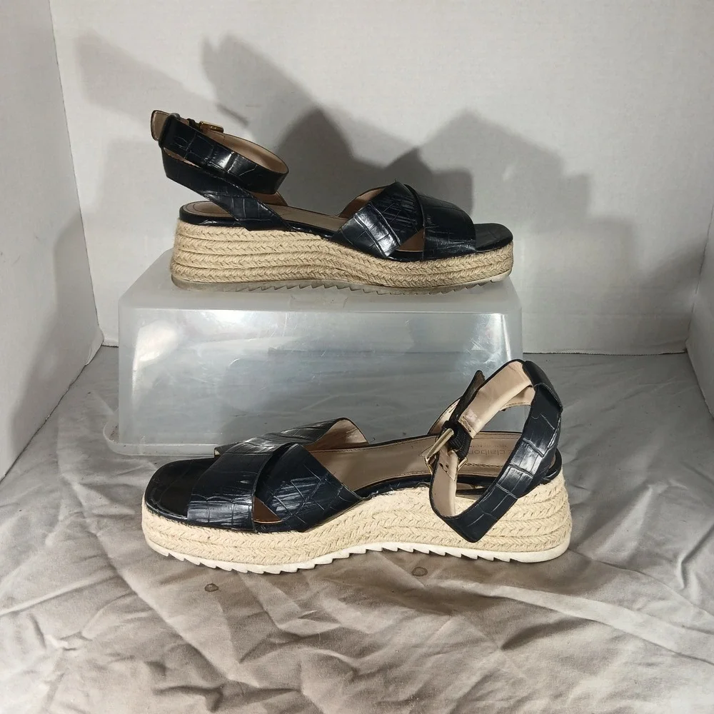 Liz Claiborne‎ Eastside Platform Wedge Sandals 7.5 Black Croc Espadrille Boho